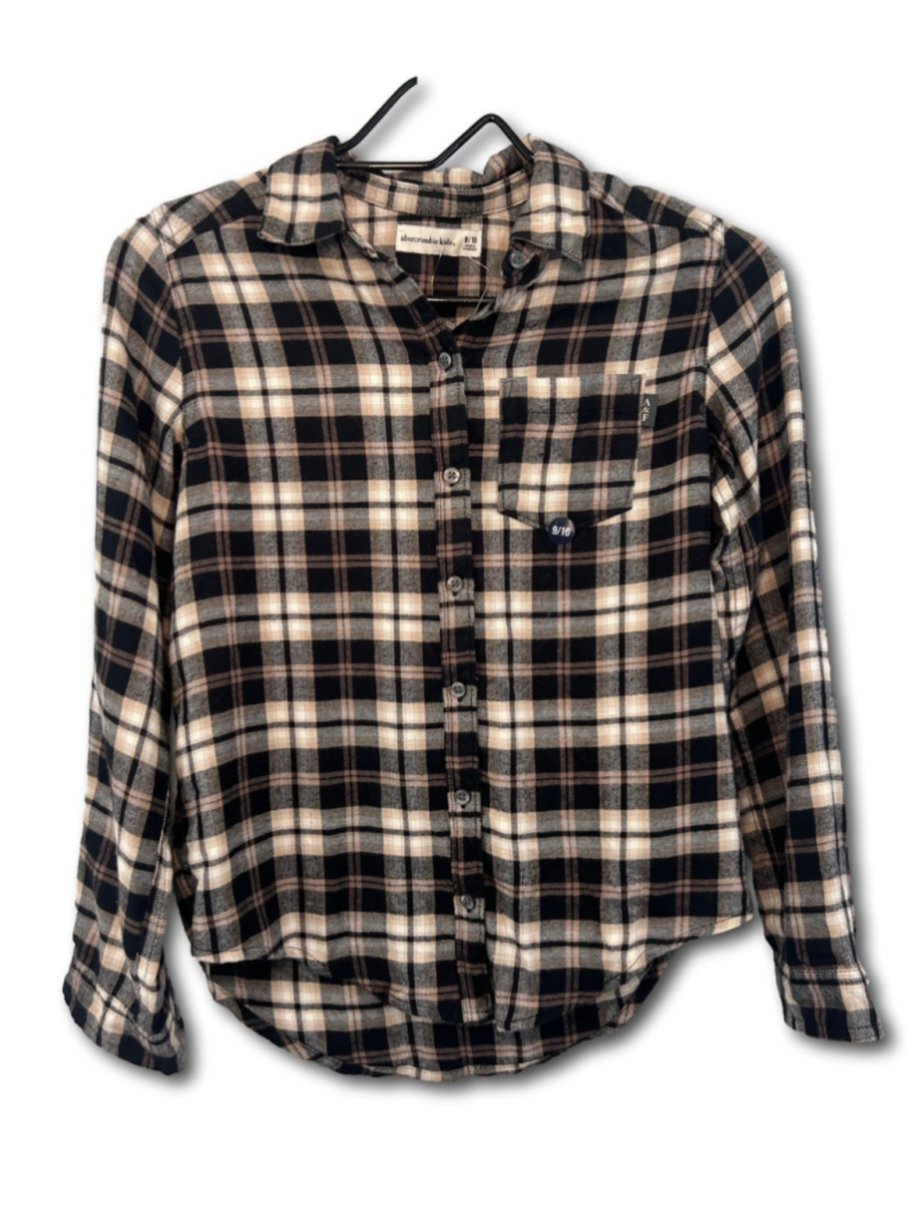 Abercrombie Kids A+F Boys Black Beige Flannel Plaid Button Down Shirt 9/10 NWT